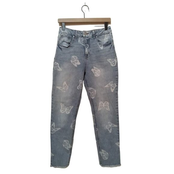 Tinseltown Juniors' Butterfly Print Relaxed Skinny Frayed Jeans Sz 9 - Picture 1 of 8